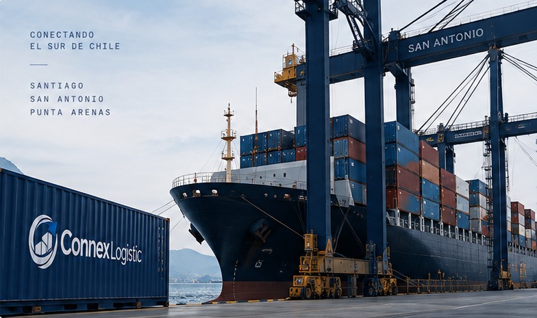 Buque portacontenedores y contenedor Connex en el puerto de San Antonio